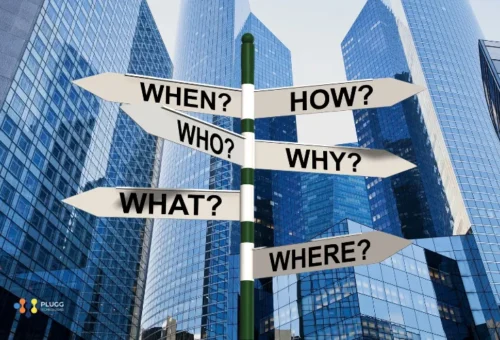 A signpost featuring questions like when, how, and where, is erected in front of an office building in LATAM to represent all the questions about hiring IT talent from Latin America.