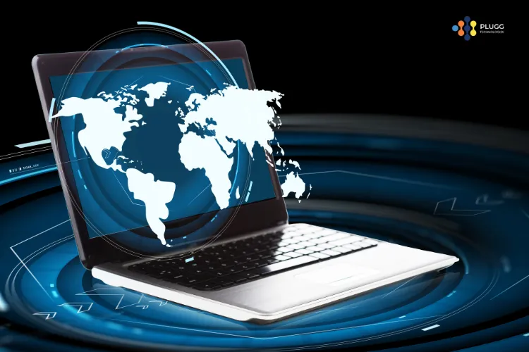 An illustration of a laptop featuring a blue and white map of the world meant to convey the best business process outsourcing locations.