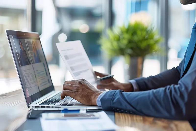 Hands at a keyboard with international resumes in the background on a computer. The writer is demonstrating how to write a professional resume for remote work in the US.