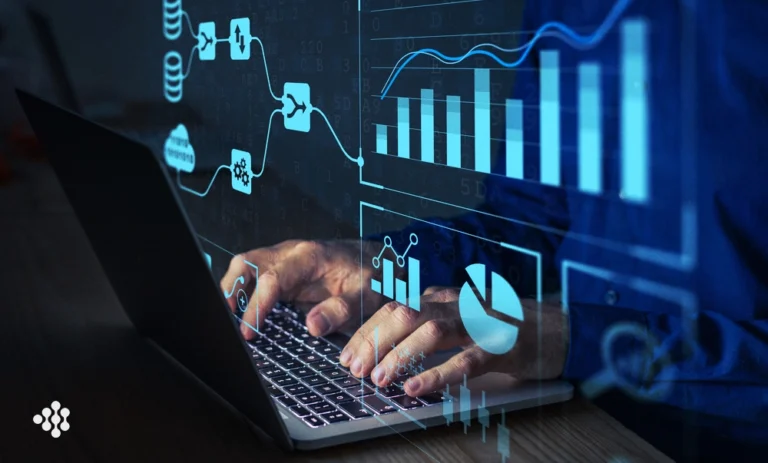 Hands typing on a keyboard overlaid with a technical graph symbolizing nearshore solutions by using Salesforce