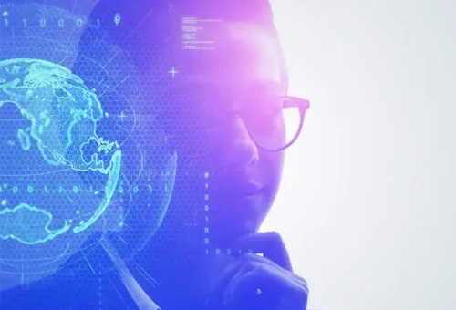 A futuristic, bright image of a thinking Latin American woman contemplating the future of Nearshore AI talent in Latin Amerca in front of a digital globe.