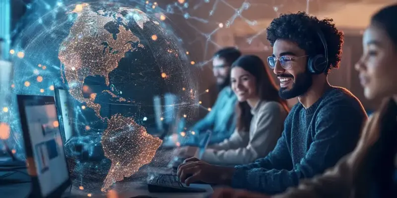 A young man on a nearshore remote team sits in front of a computer. A digital map is overlaid in front of him, symbolizing global connectivity.