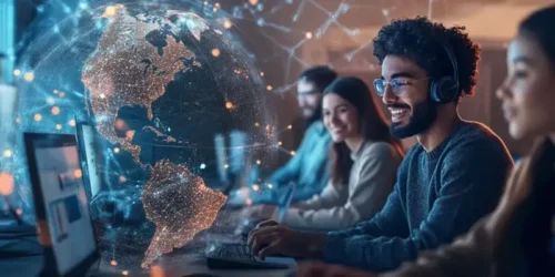 Smiling man in front of computer screen in a virtual office space