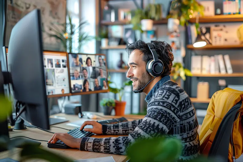 A smiling Latin man on a team meeting with headphones on. He is going through the Plugg Tech nearshore onboarding process