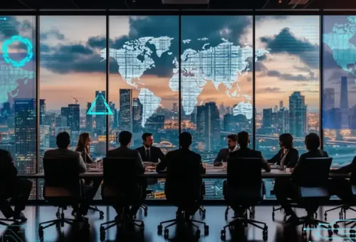 Meeting of execs in a dark shadowy room as they talk about AI Hiring Trends. A digital overlay of a worldmap is behind them.