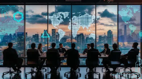 Boardroom meeting of company execs sitting in front of large window overlooking skyline.