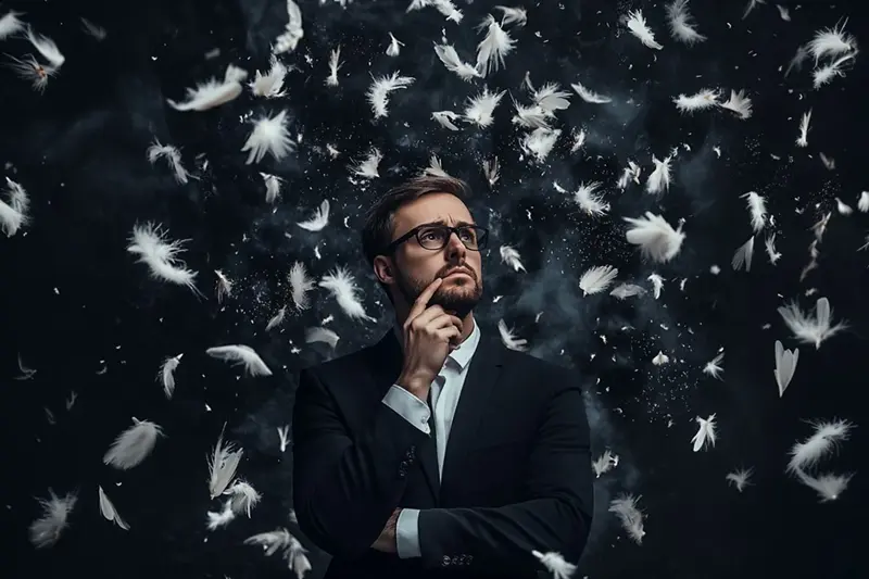 Thoughtful businessman pondering the question, "Is nearshoring a scam?" Fluffy feathers float around him symbolizing fluff information.