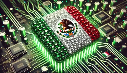 AI representation of jeweled Mexican map on a a computer motherboard