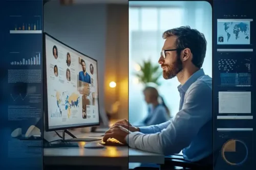 Man at desktop on a virtual meeting