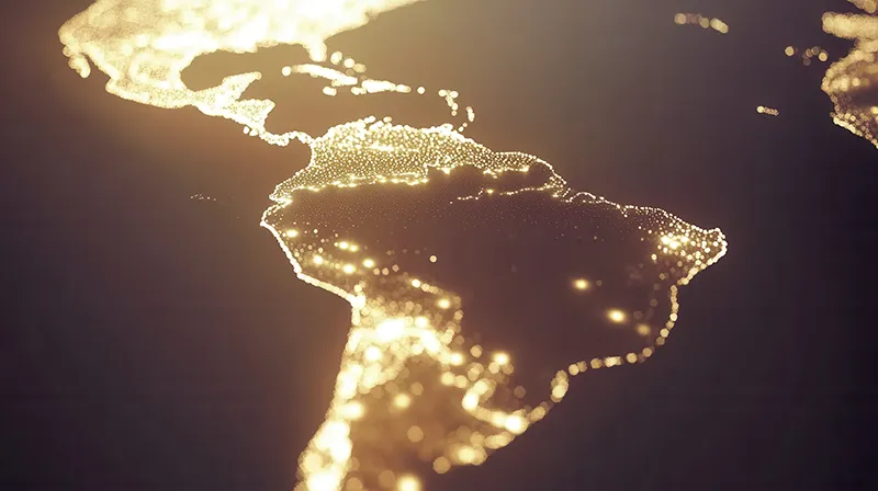 A glowing outline of Latin America on a black background, symbolizing the bringh impact of nearshore development on global tech