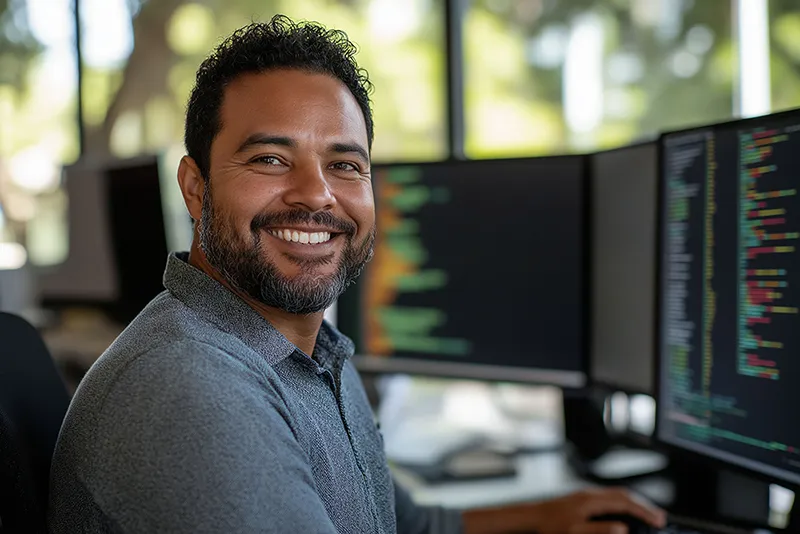 A Latin American Developer smiling while sitting in front of multiple monitors.