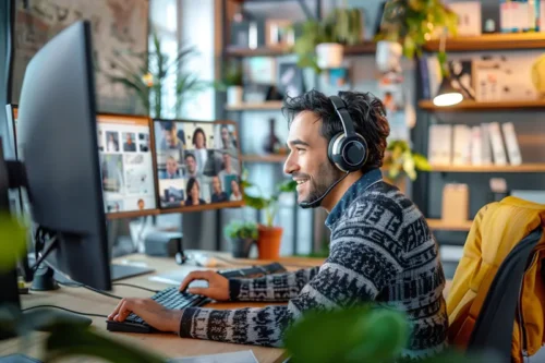 Smiling man at a computer with headphones on