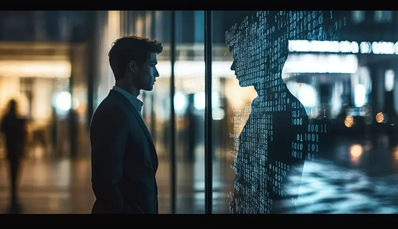 A tech worker stares at his reflection that looks as if its being replaced by a digital version of himself, symbolizing the shifting tech job market.