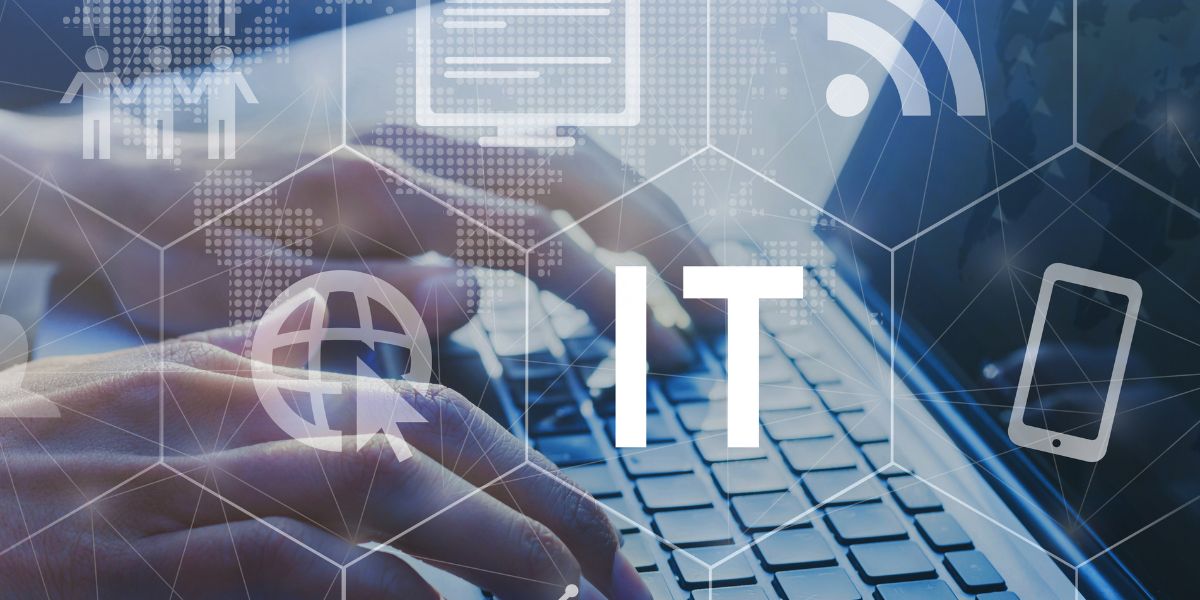 Hands typing on keyboard with technological symbols representing bpo nearshoring