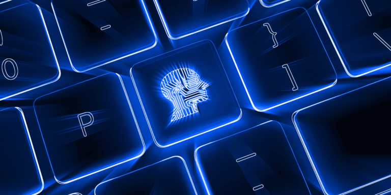 A keyboard with a cool blue glow, showcasing the AI mind for a blog focused on AI Nearshore Engineers.