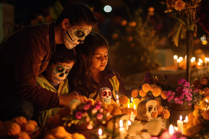 On the Day of the Dead Celebration in Mexico, a family lights candles in honor of those no longer here.