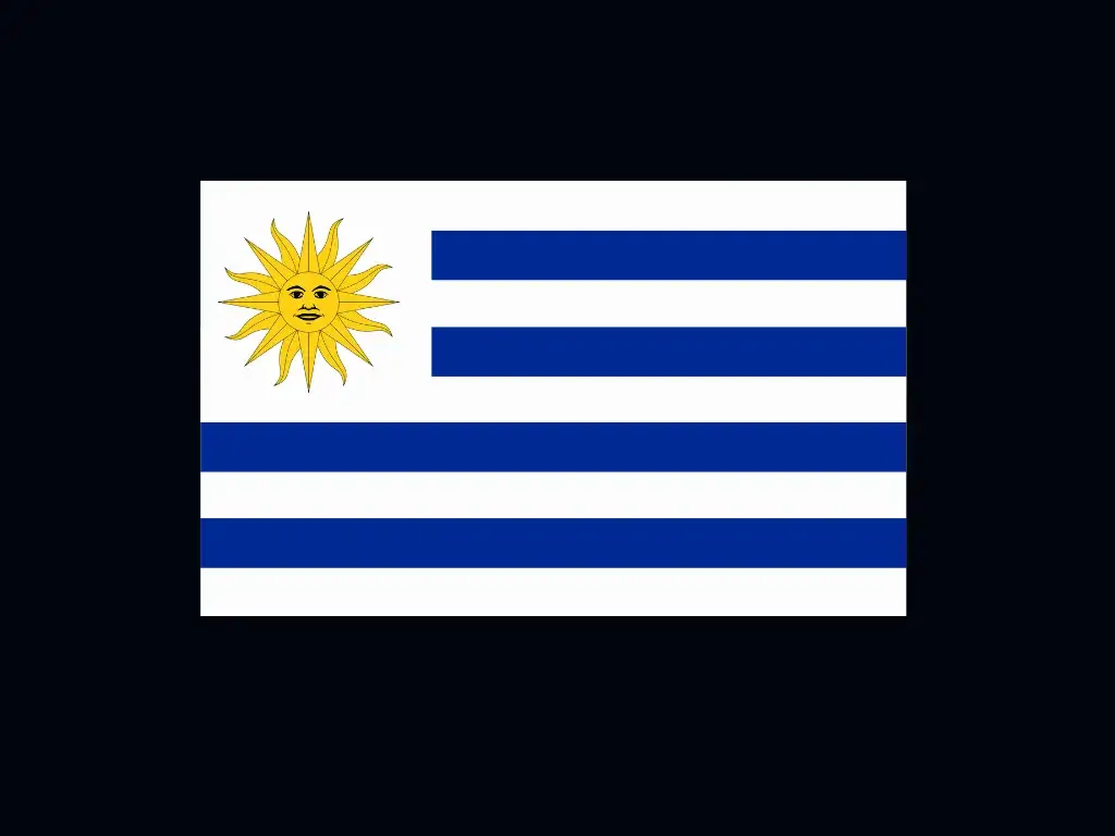 The flag of Urugay with white and blue horizontal stripes and a sun in the top left corner.