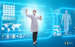 A virtual medical assistant stands on a blue digital platform representing the future of virtual medical staffing.