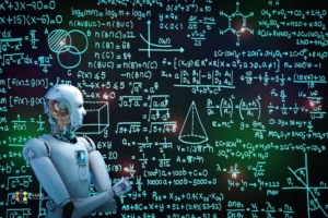 An illustration of a machine robot viewing glowing green, complicated equations on a chalkboard to symbolize machine learning.