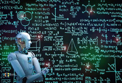 An illustration of a machine robot viewing glowing green, complicated equations on a chalkboard to symbolize machine learning.