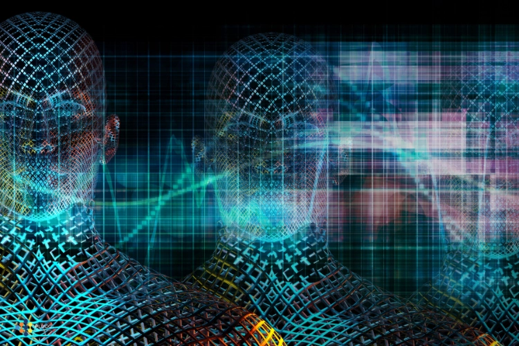 Colorful abstract silouhette of a man in a complex digital network. He represents hiring a machine learning engineer for complex AI