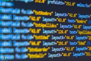 Closeup shot of a code redactor with open javascript project using react by a react developer