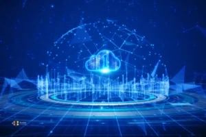 A bright blue digital illustration of Azure cloud computing to symbolize working with an Azure developer