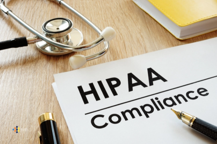 Virtual Health Assistants are represented as HIPAA compliant as a folder on a desk shows HIPAA Compliance and medical tools.