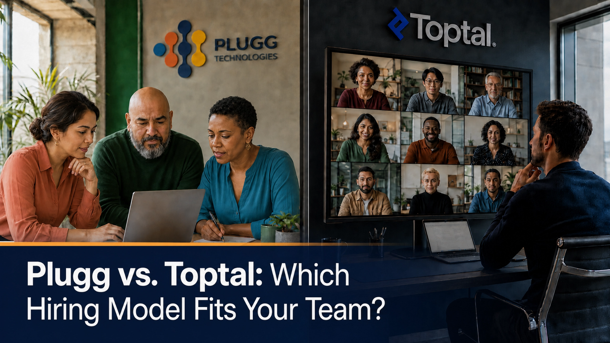 Comparison infographic showing Plugg vs Toptal hiring models for remote tech talent