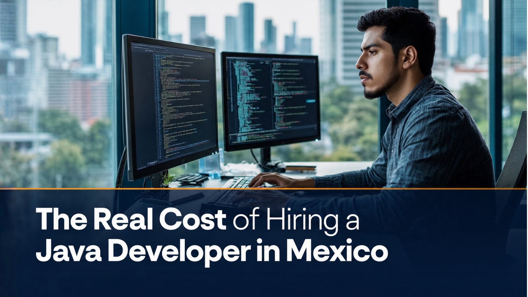 Two monitors displaying code in a modern office with a city view, representing data engineering team costs in LATAM.