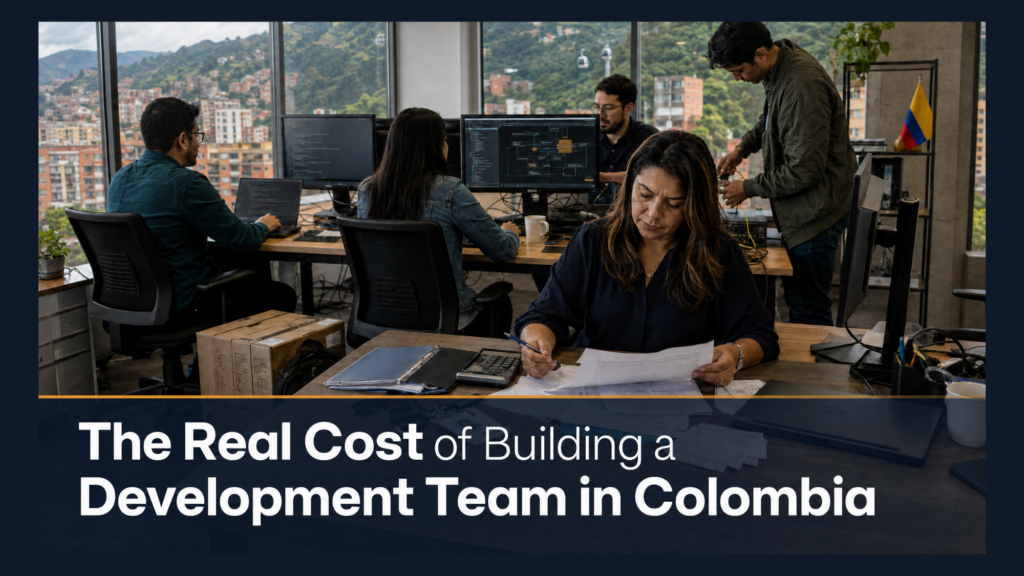 Modern office overlooking a city skyline, illustrating software development team costs and hiring strategies in Colombia.