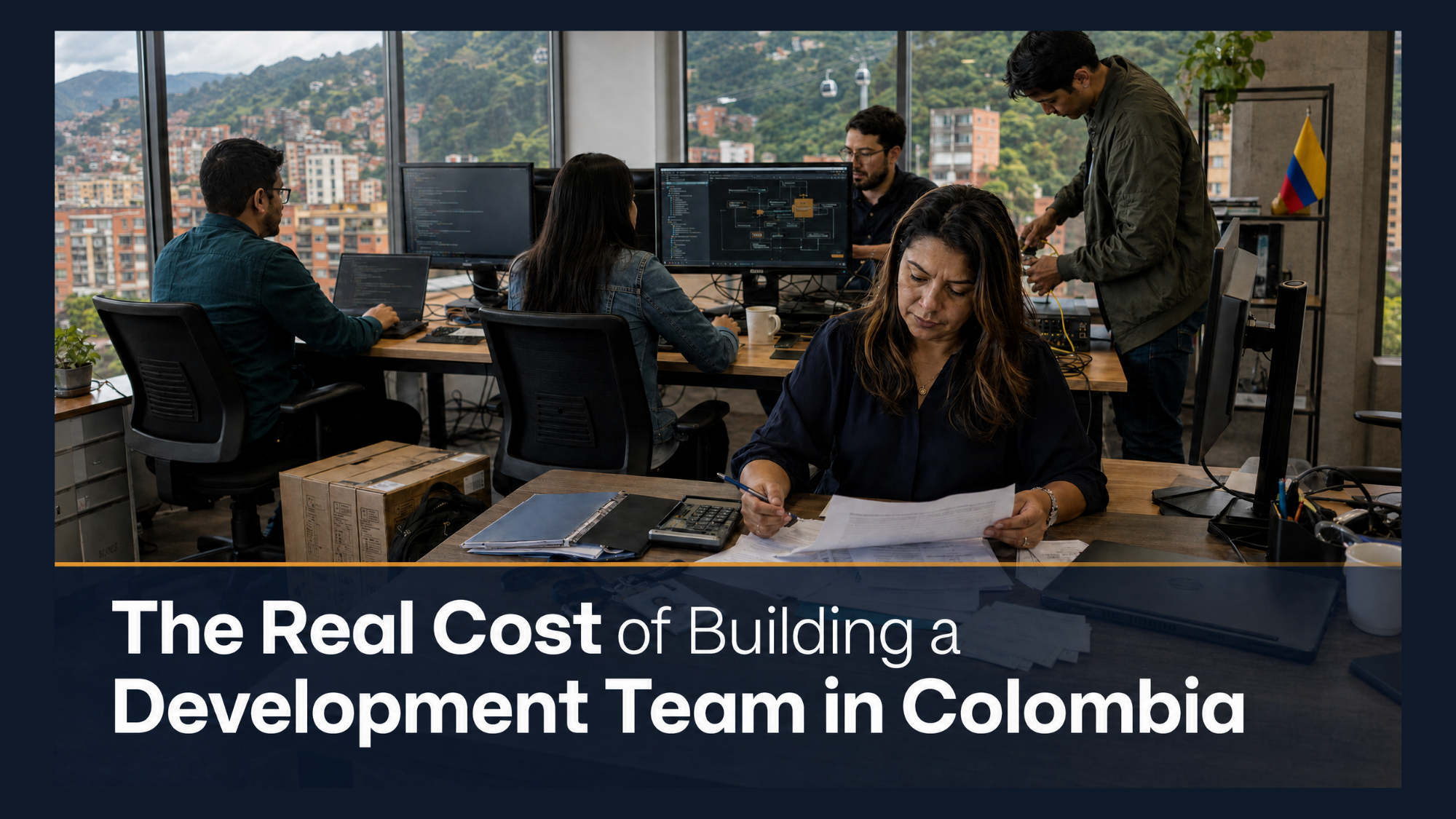 Modern office overlooking a city skyline, illustrating software development team costs and hiring strategies in Colombia.