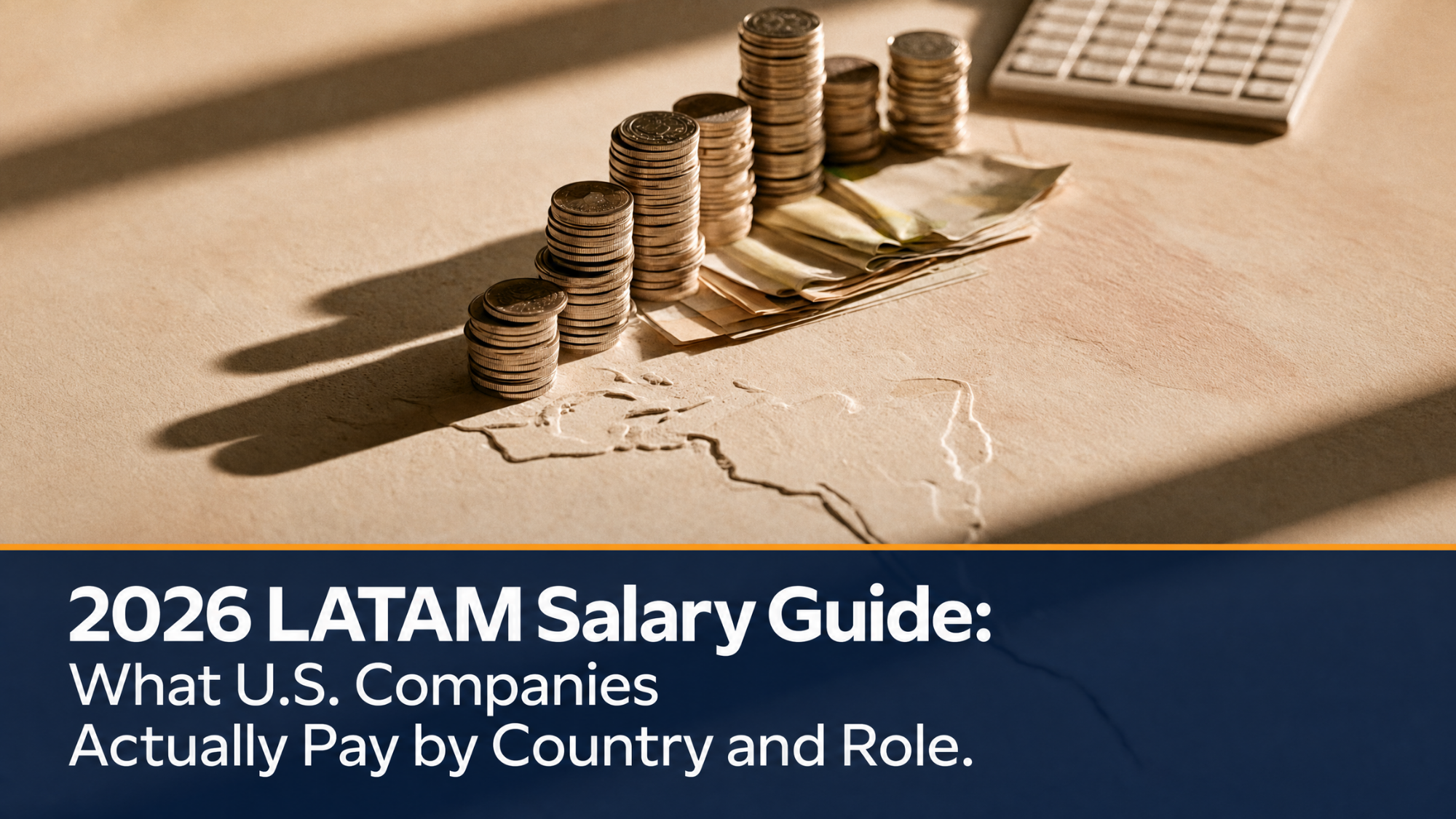 Stacks of coins and paper currency arranged on top of a Latin American map next to a calculator, featured in the 2026 LATAM Salary Guide.