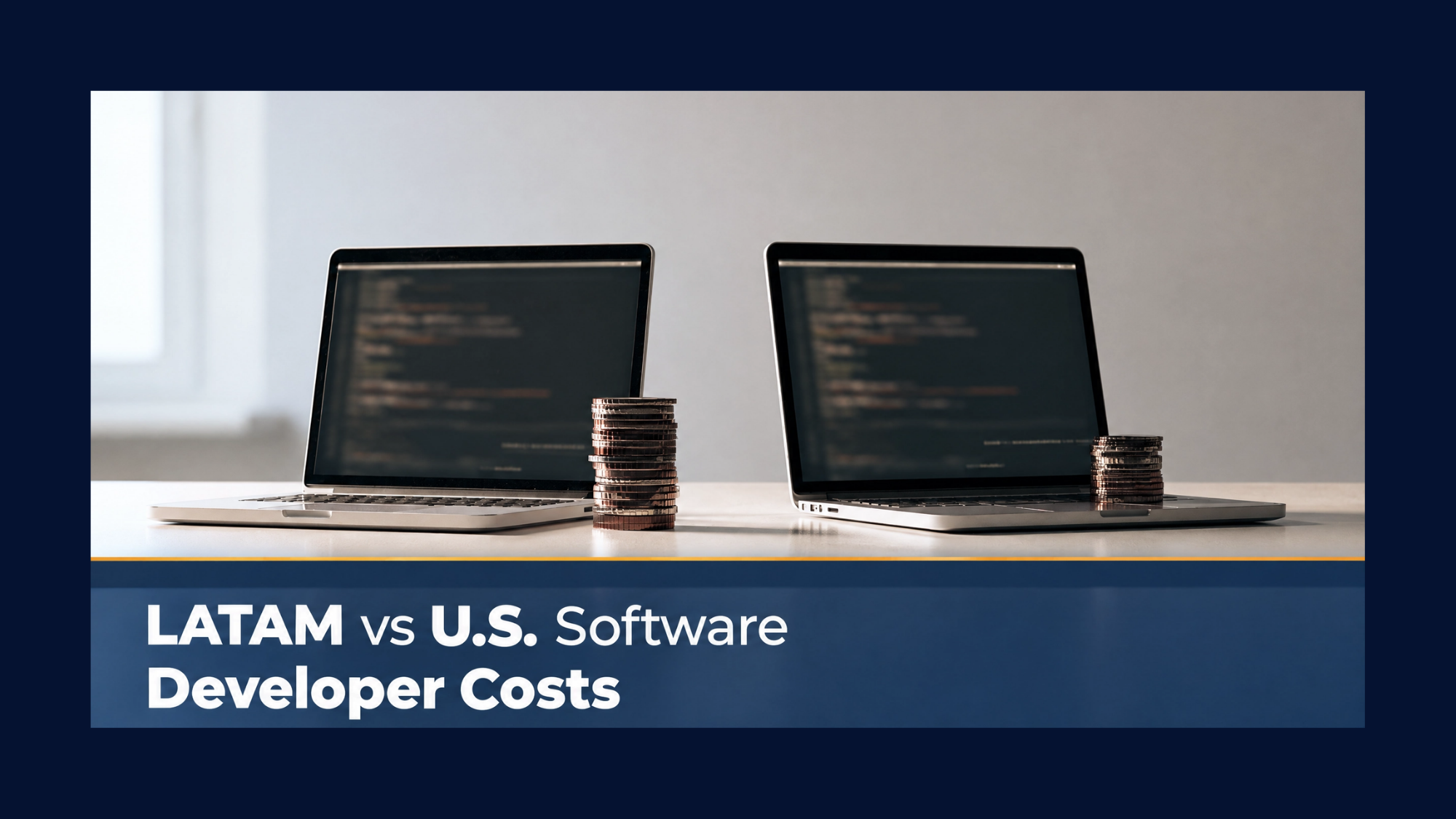Infographic comparing remote hiring considerations between U.S. and LATAM software developers, highlighting time zones, communication, and cost factors.