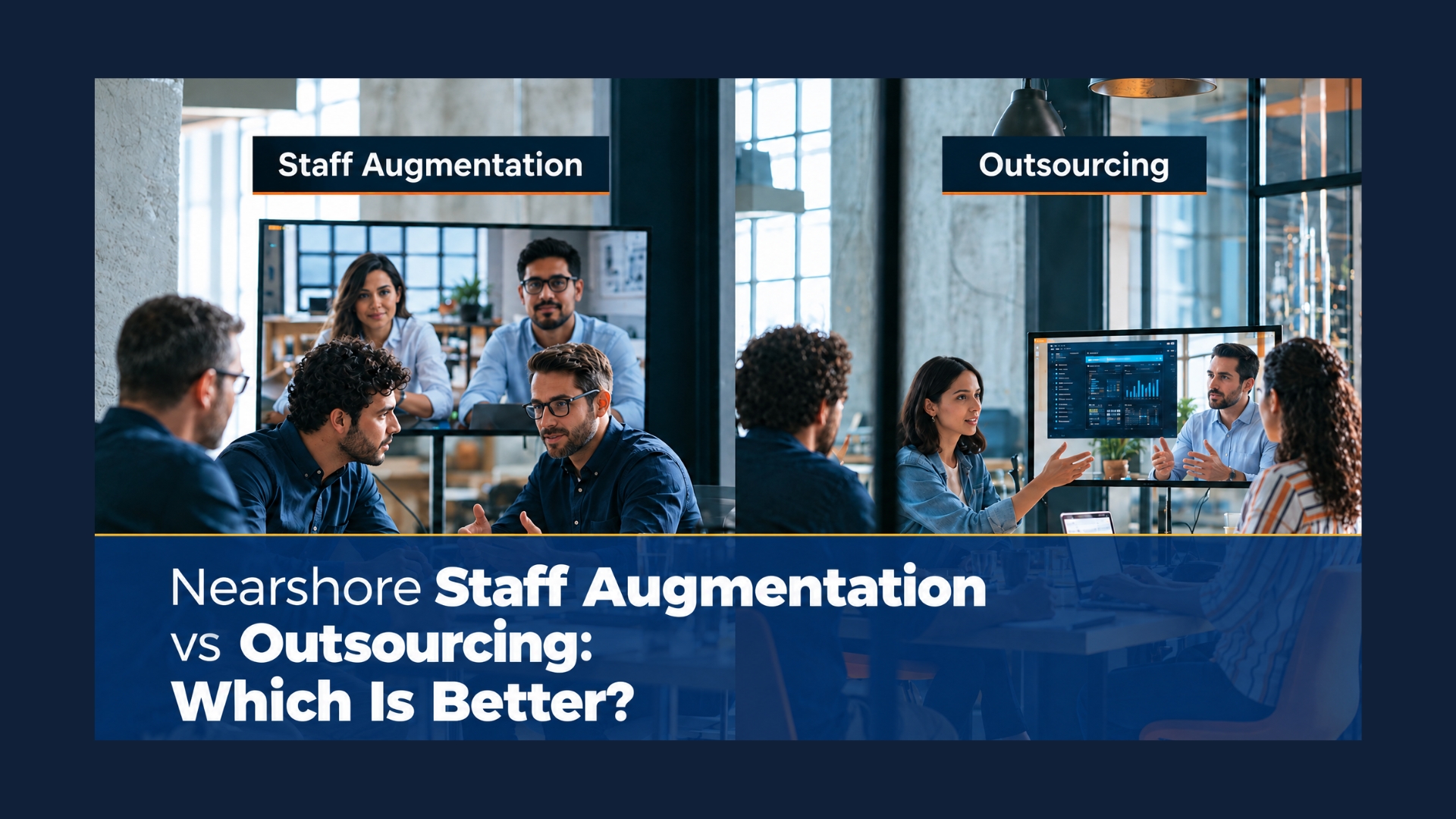 Split-screen graphic comparing Nearshore Staff Augmentation and Outsourcing models, showing collaborative modern office teams in meetings and video calls, with overlay text titled "Nearshore Staff Augmentation vs Outsourcing: Which Is Better?".