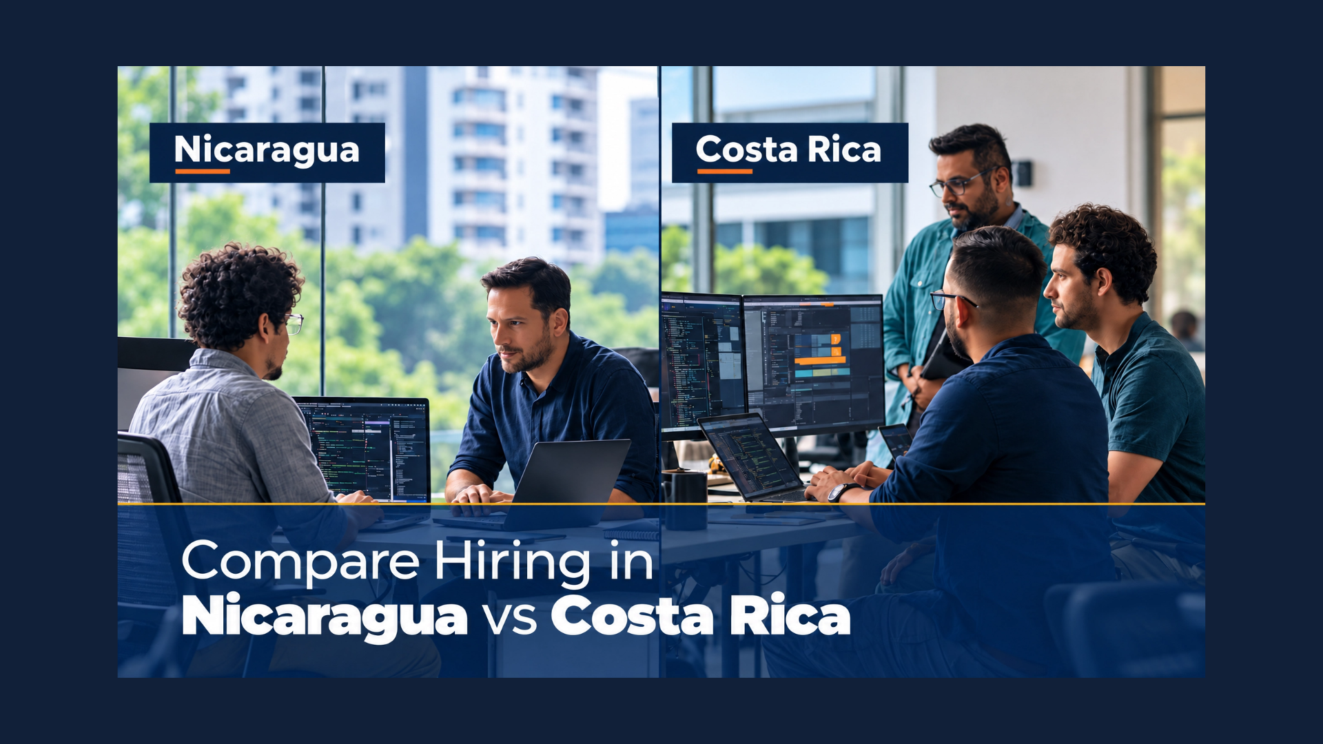 Split image comparing tech teams in Nicaragua and Costa Rica: on the left, two software developers collaborate at a laptop in a Managua office; on the right, a team of developers reviews code on multiple monitors in a Costa Rica office. Text reads “Compare Hiring in Nicaragua vs Costa Rica.”